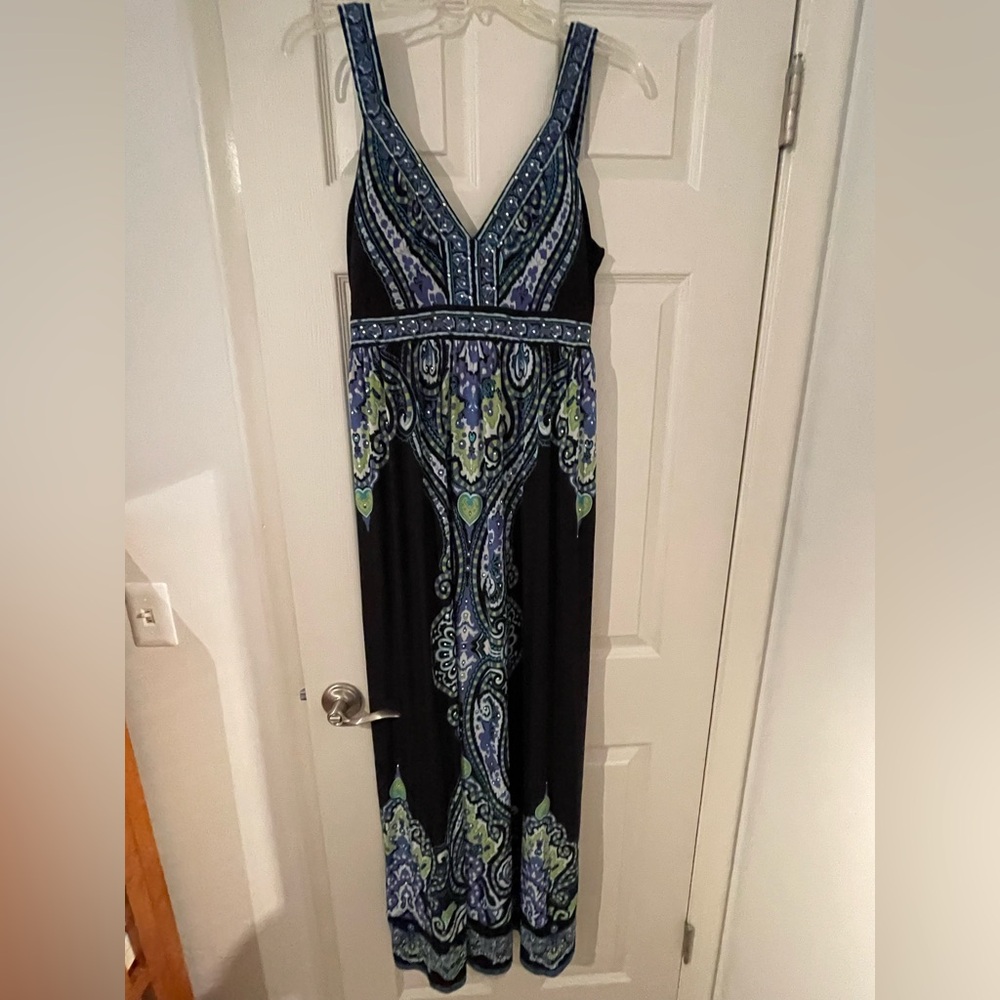 INC International Concepts Paisley Maxi Dress - Black with Blue and Green Print